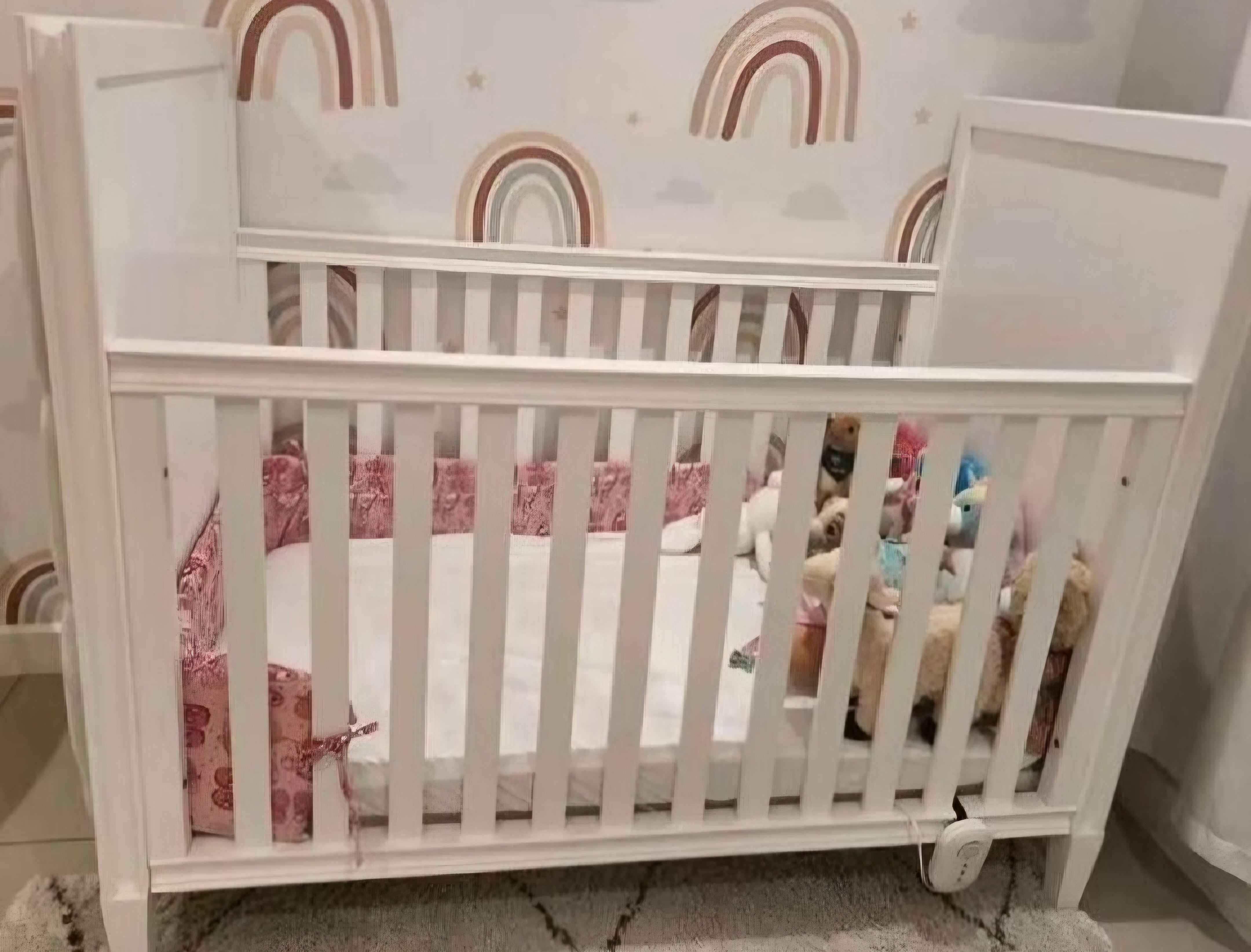 Custom made white solid wooden cot with cream velvet upholstery*