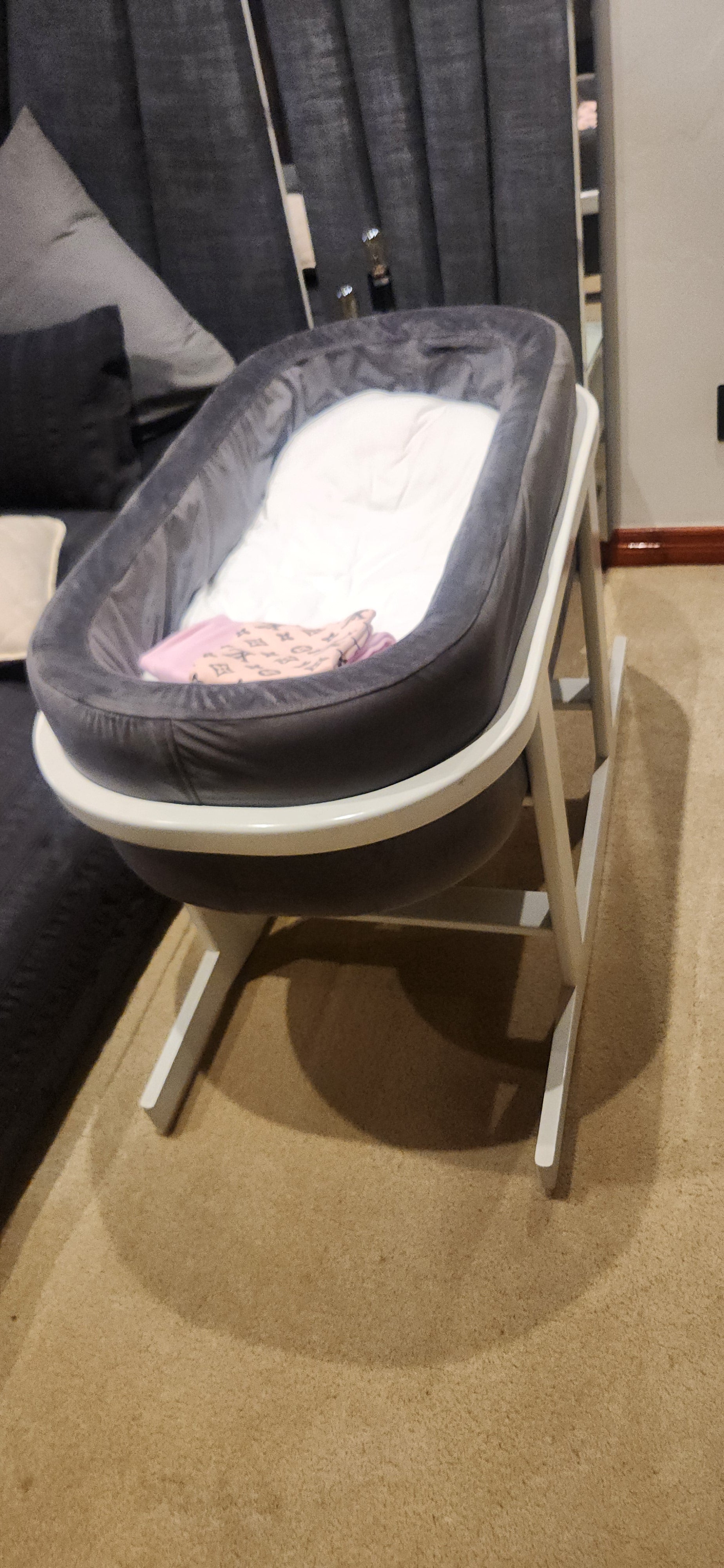 Baby bassinet with steel frame and velvet upholstery*